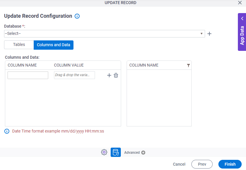 Update Record Configuration Columns And Data tab