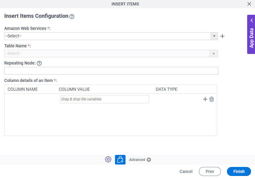 Insert Items Configuration screen