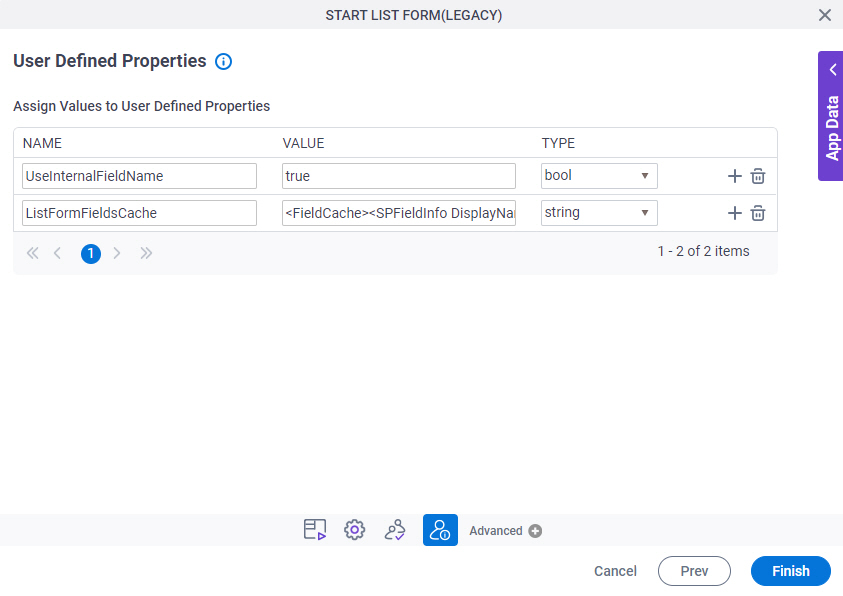 User Defined Properties screen