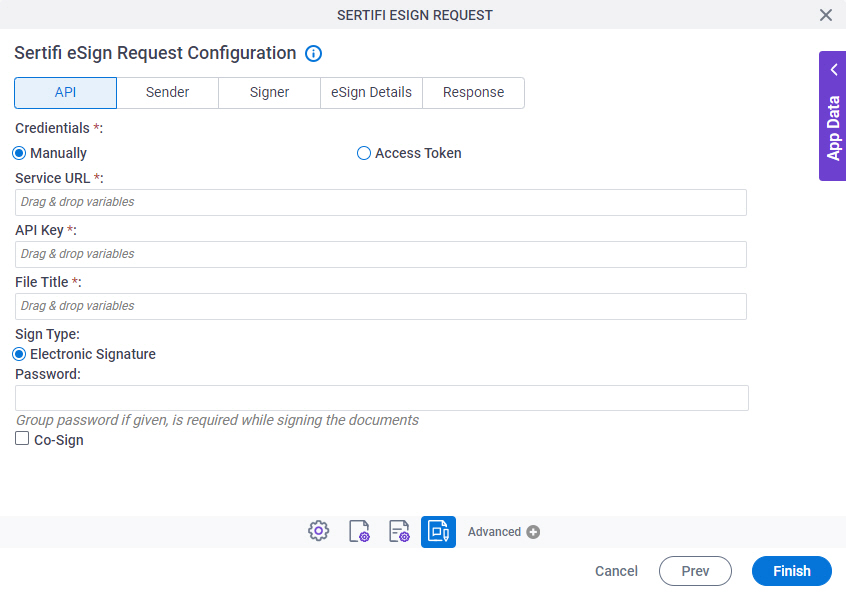 Sertifi eSign Request Configuration API tab