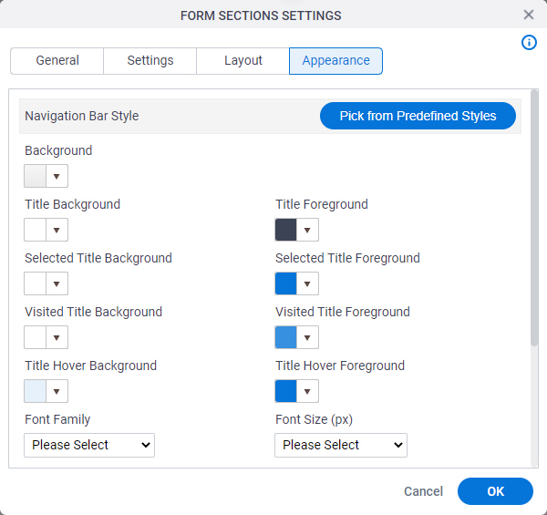 Form Sections Settings Appearance tab