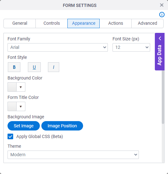Form Settings Appearance screen