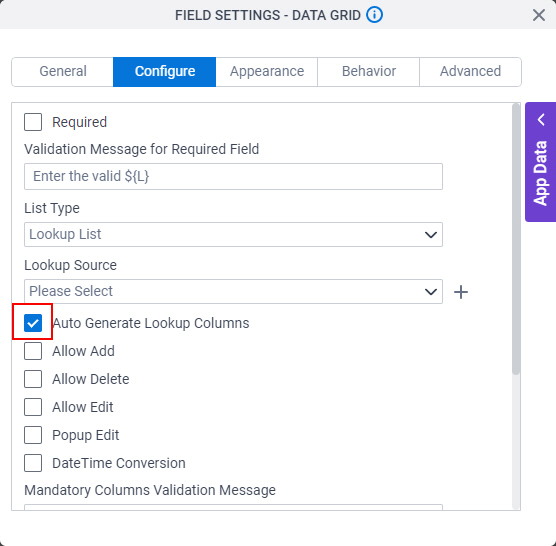 Deselect Auto Generate Lookup Columns