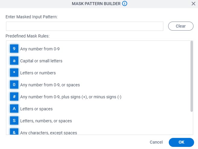 Mask Pattern Builder screen