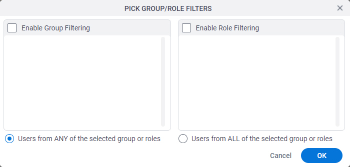 Pick Group Role Filters screen