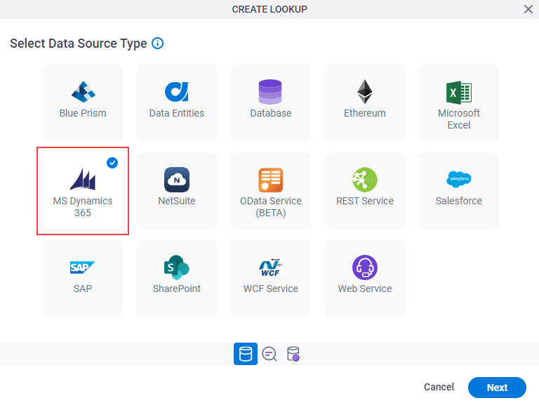 Select Data Source Type screen MS Dynamics 365