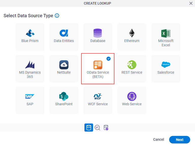 Select Data Source Type screen OData Service