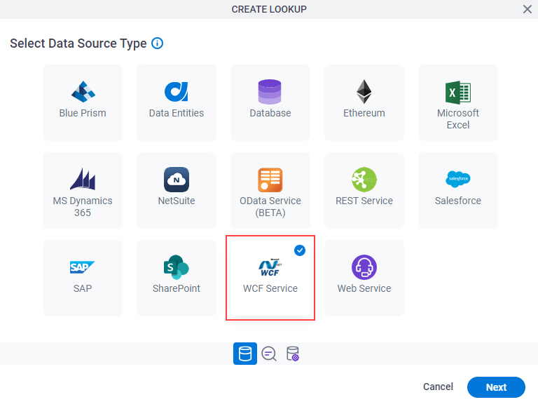 Select Data Source Type screen WCF Service