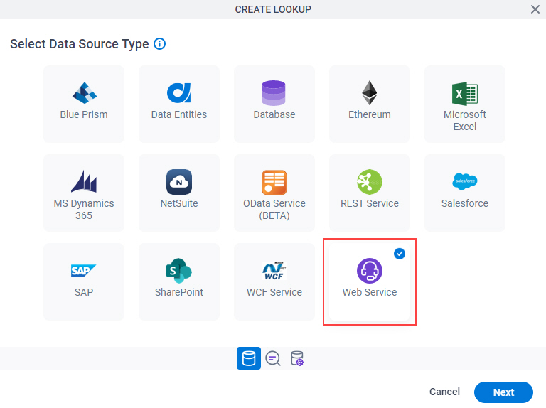 Select Data Source Type screen Web Service