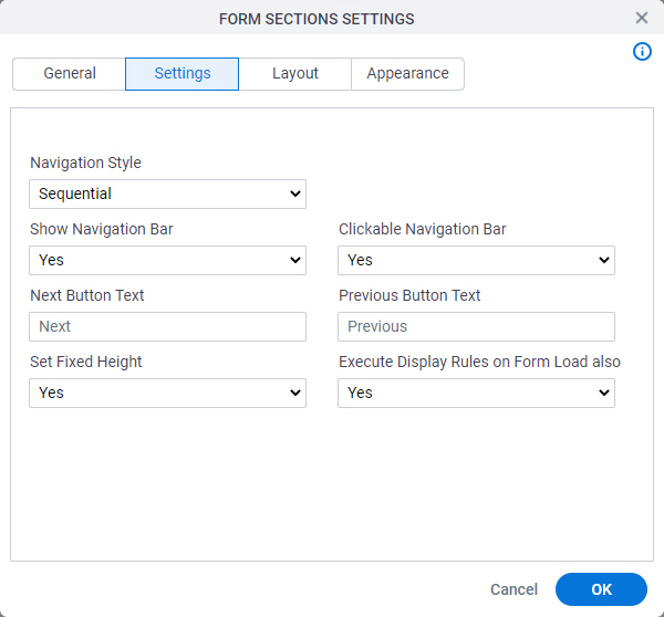 Form Sections Settings tab