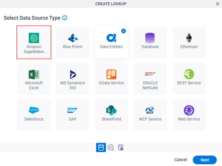 Select Data Source Type screen Amazon SageMaker