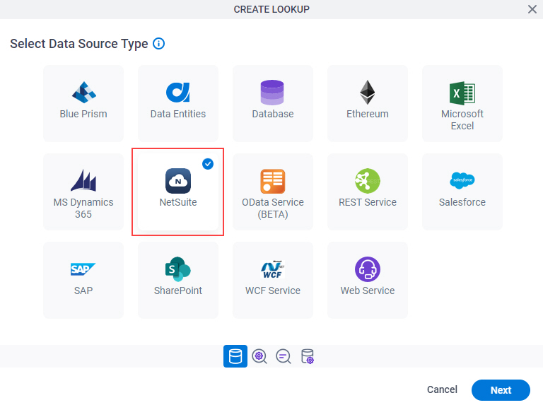 Select Data Source Type screen NetSuite