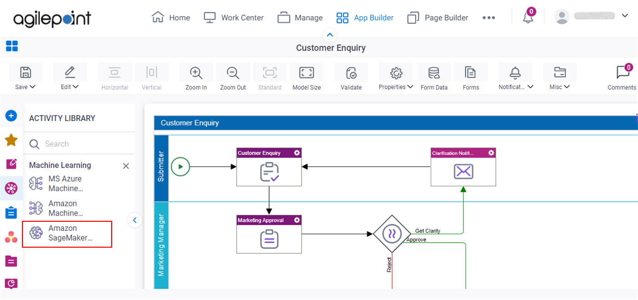 Process Activities for Amazon SageMaker Machine Learning tab 