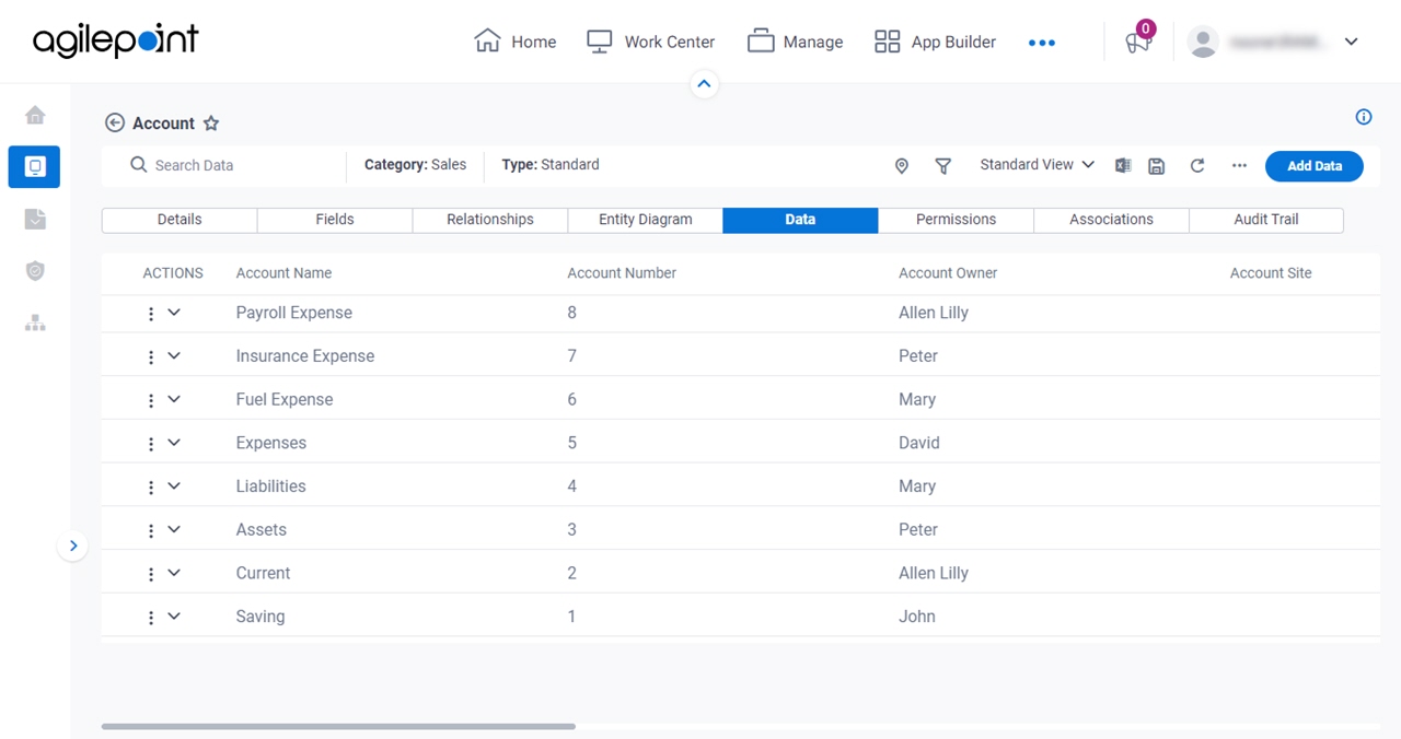 Entity Data screen