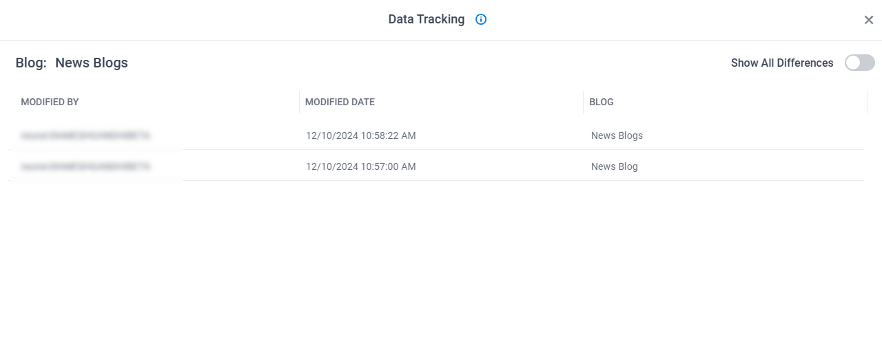 Data Tracking screen