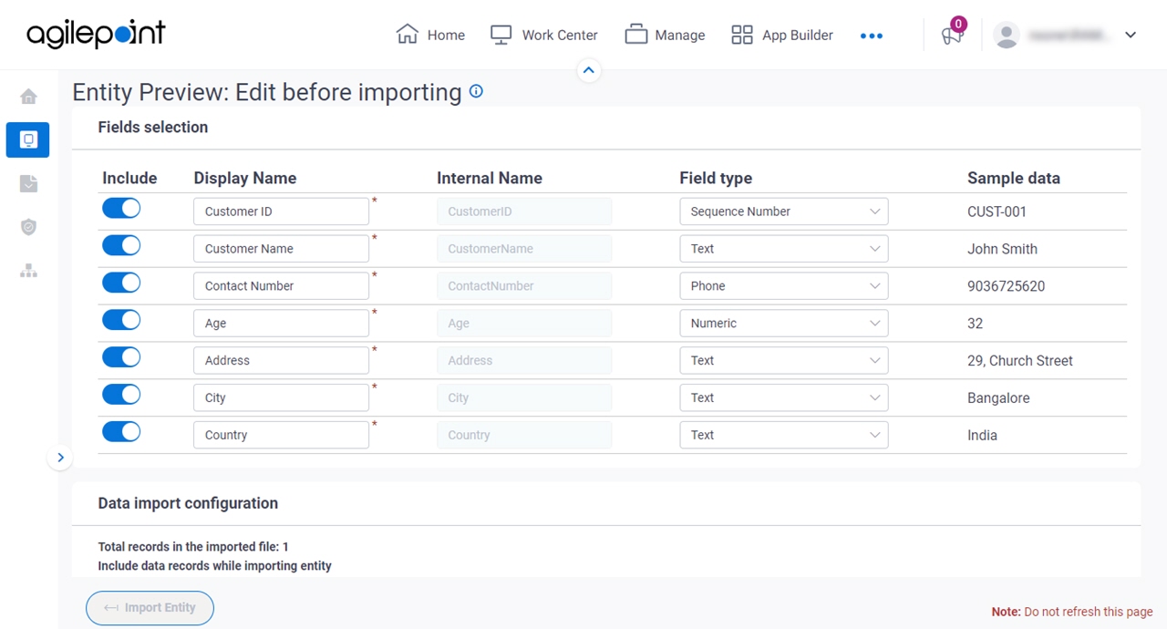 Import Template screen