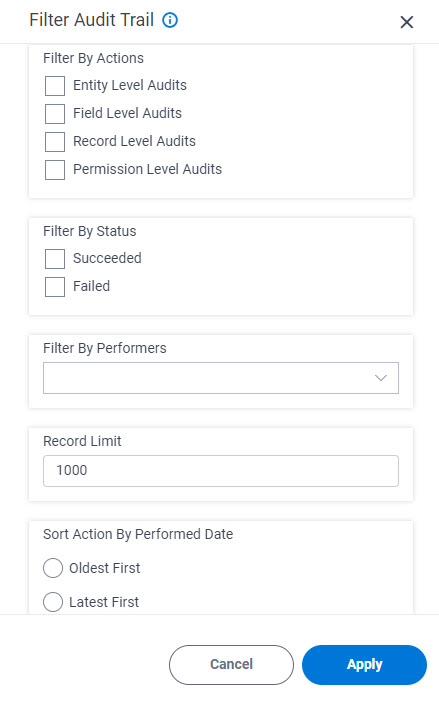 Filter Audit Trail screen