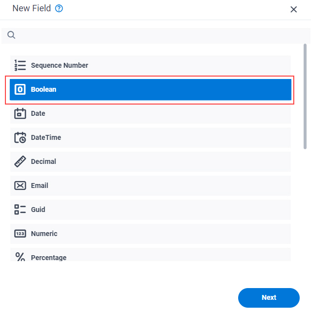 New Field Boolean screen