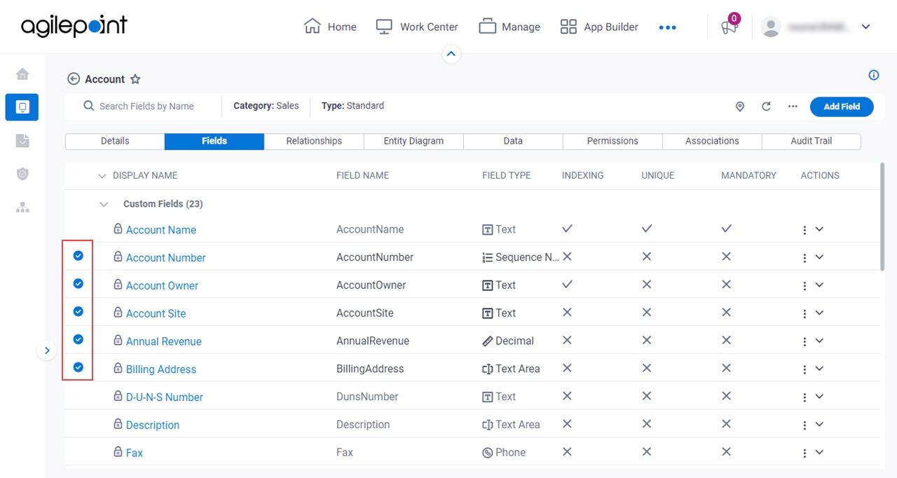 Select Entity Fields screen