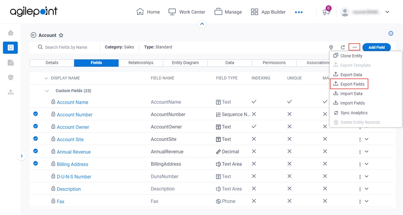 Export Fields screen