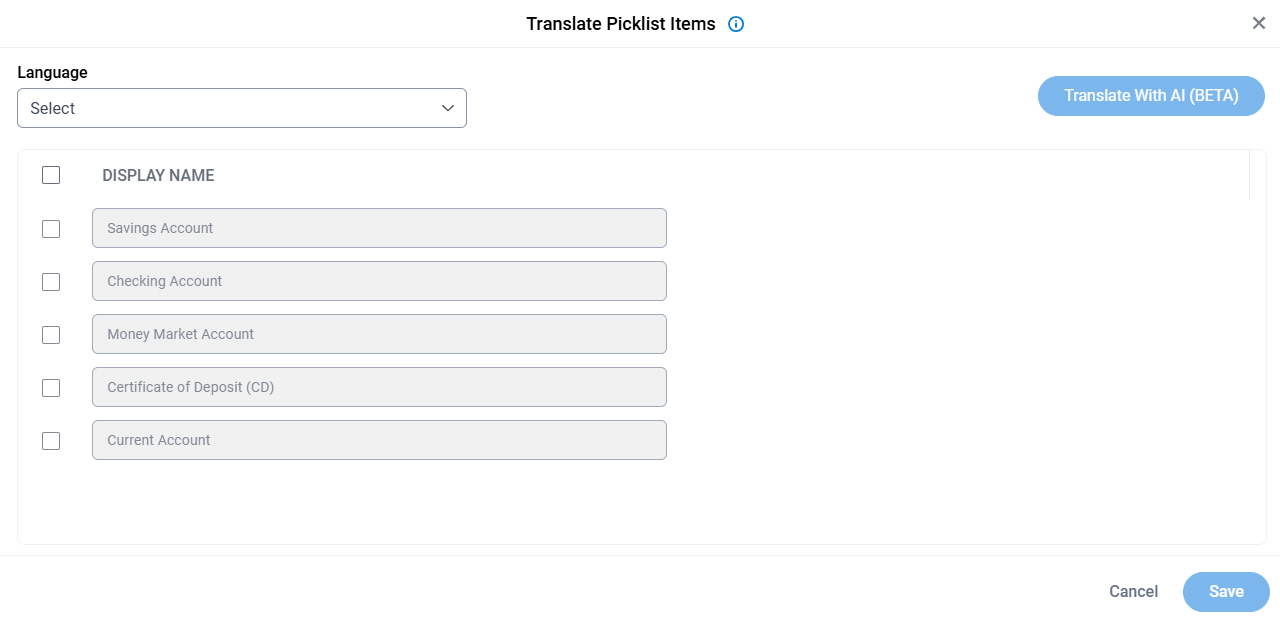 Translate Picklist Items screen