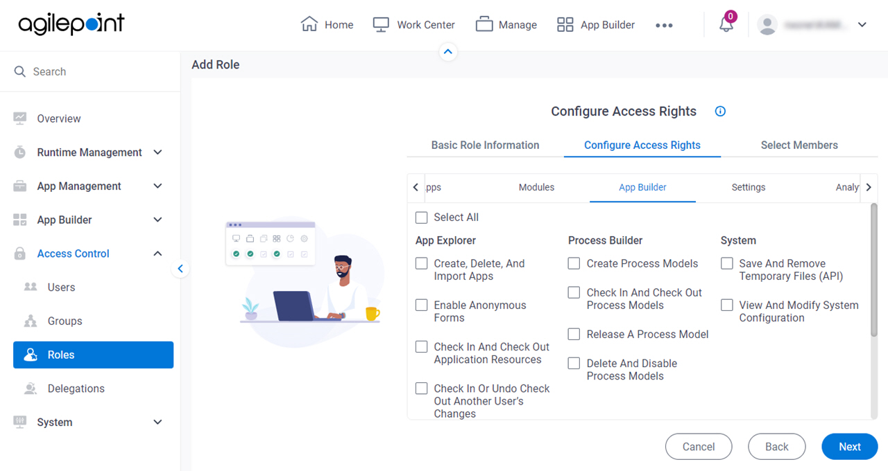 Add Role > Configure Access Rights > App Builder tab