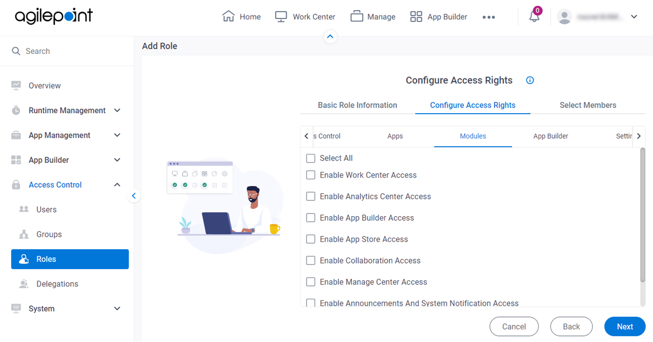 Add Role Configure Access Rights Modules tab