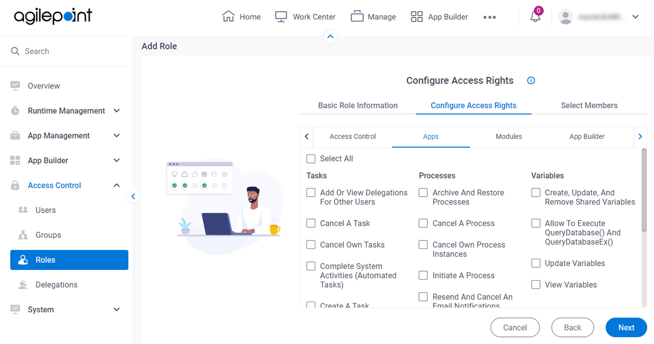 Add Role Configure Access Rights Apps tab