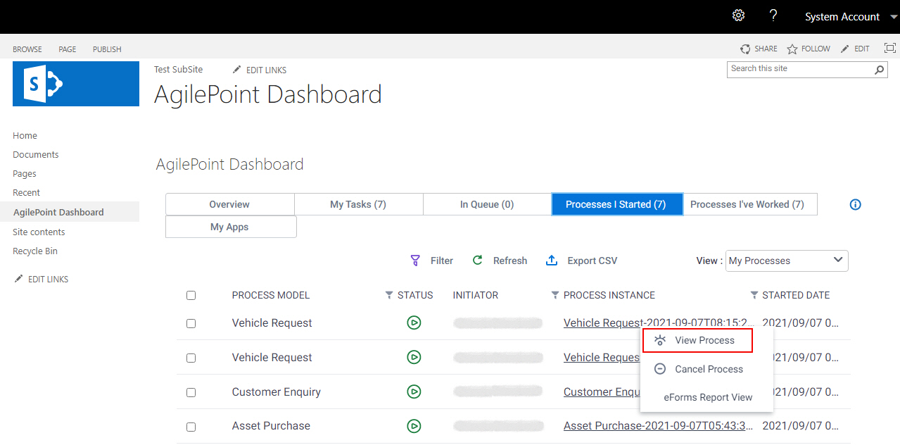 Click Process I Started View Process