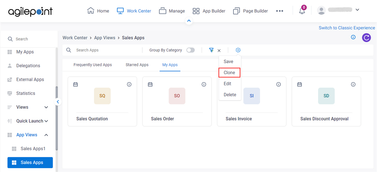 Click Clone Custom App View