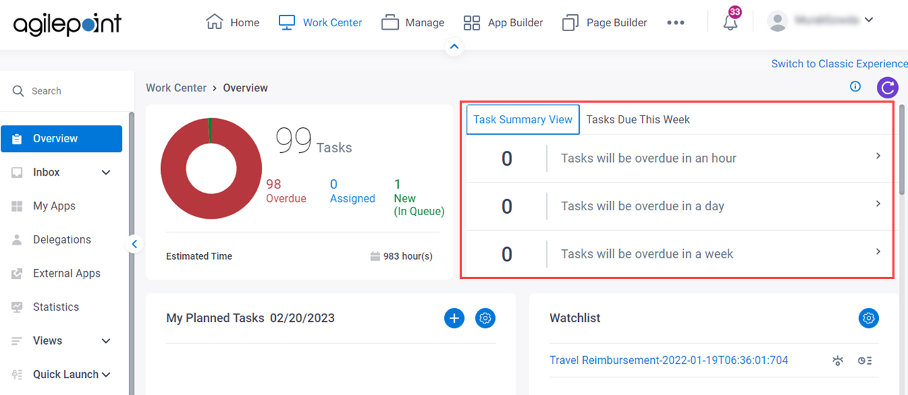 Task Due Summary screen