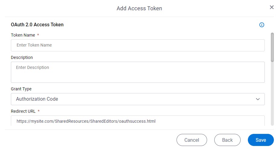 OAuth 2.0 Access Token Configuration screen