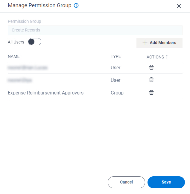 Create Records Permission Group screen