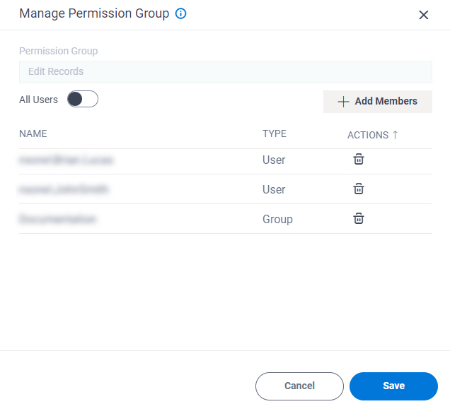 Edit Records Permission Group screen