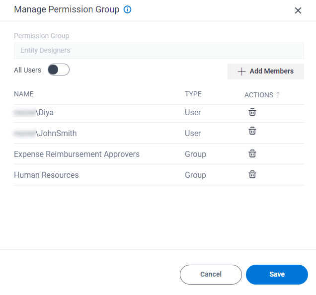 Entity Designers Manage Permission Group screen