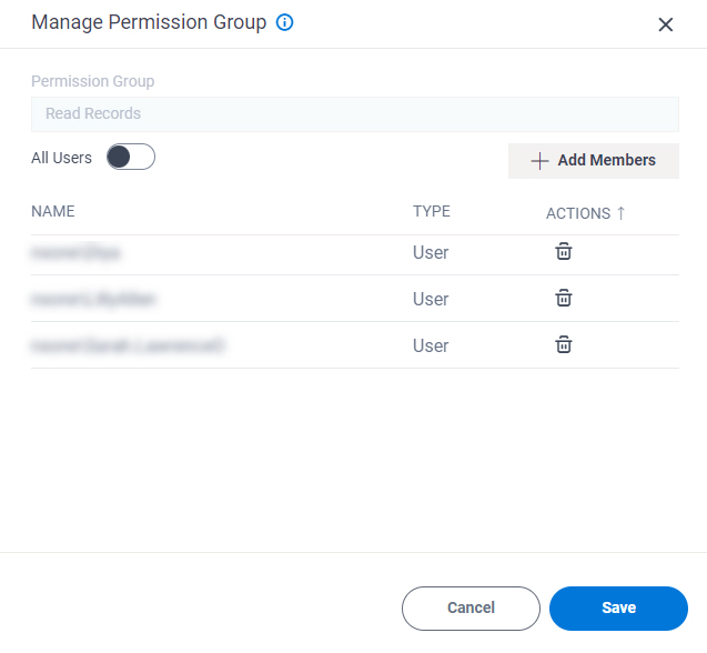 Read Records Permission Group screen
