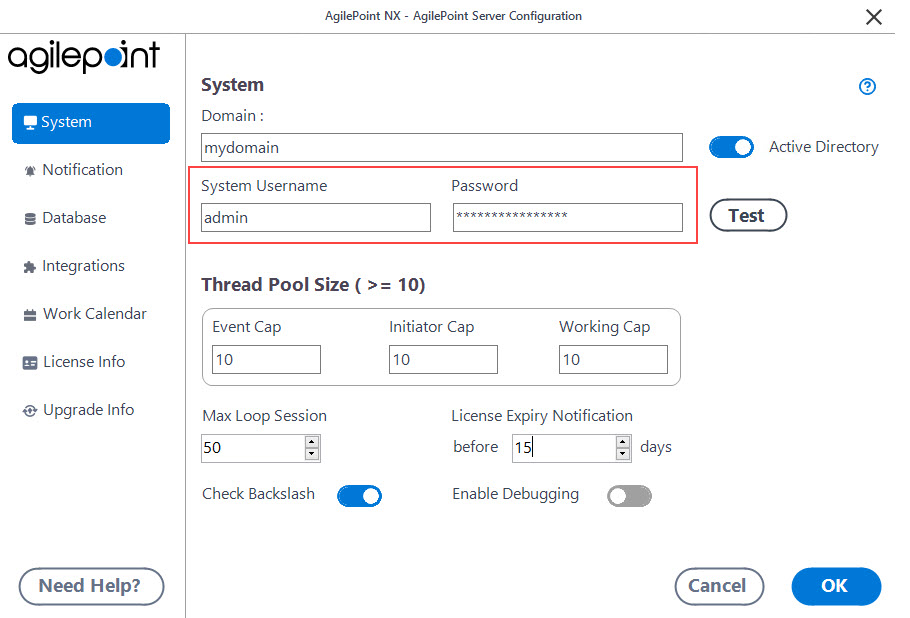 AgilePoint Server Configuration System tab