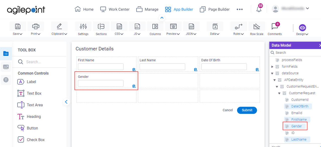 Customer Details Gender screen