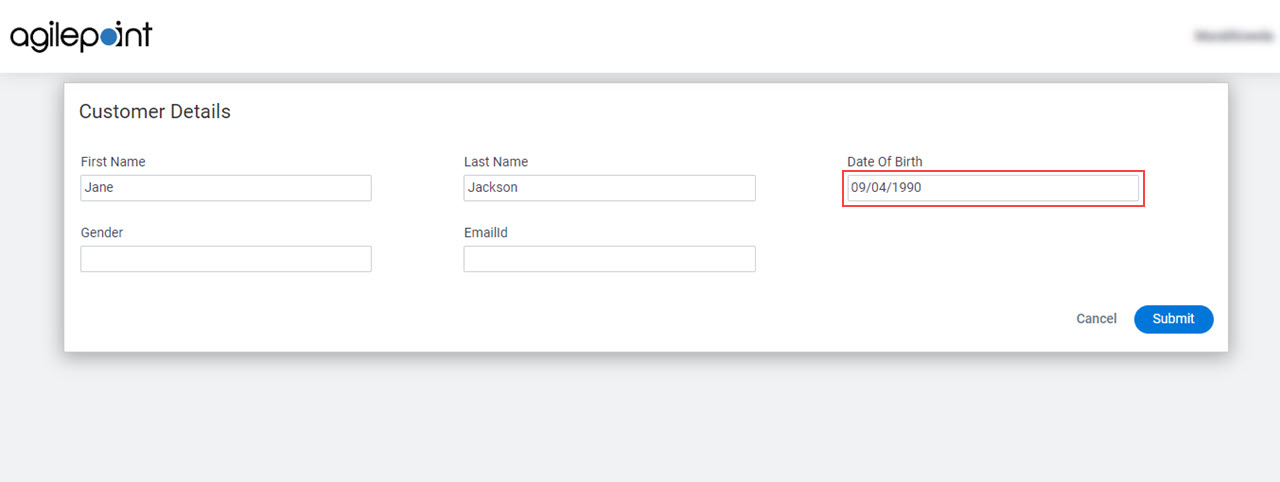 Customer Details Form Date of Birth screen