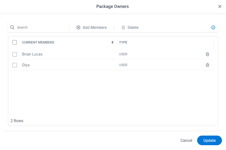 Package Owners screen