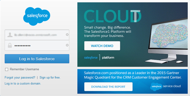 Login to Salesforce screen