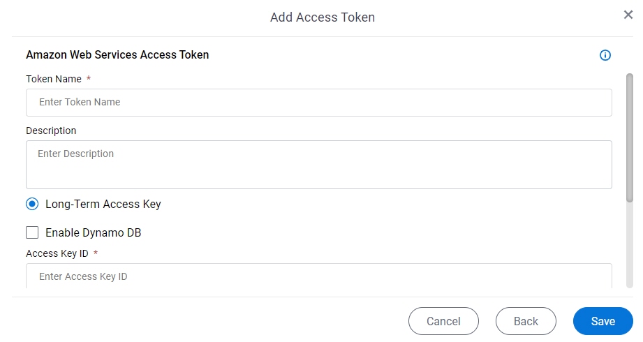 Amazon Web Services Access Token Configuration screen