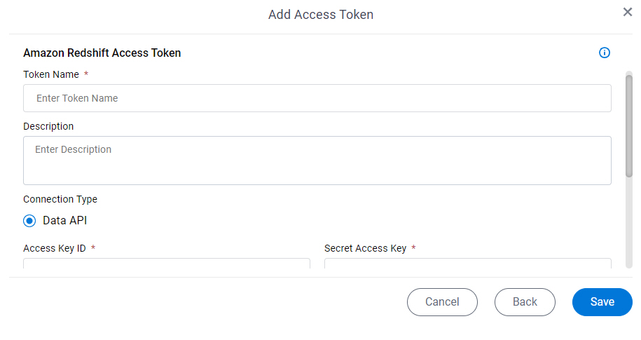 Amazon Redshift Access Token Configuration screen