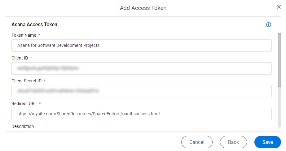 Asana Access Token Configuration screen