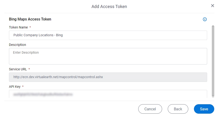 Bing Maps Access Token Configuration screen