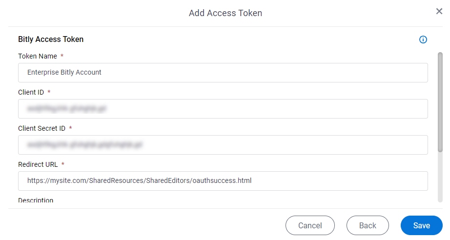 Bitly Access Token Configuration screen