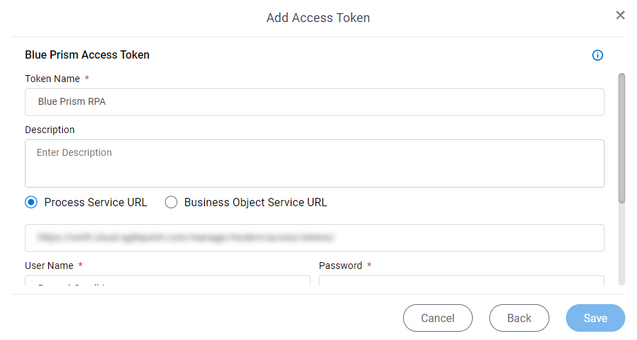 Blue Prism Access Token Configuration screen