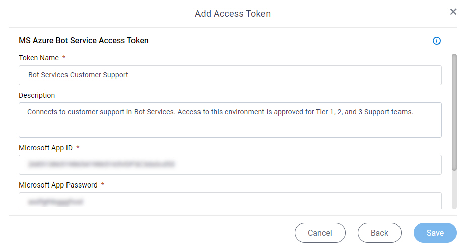 Azure Bot Services Access Token Configuration screen