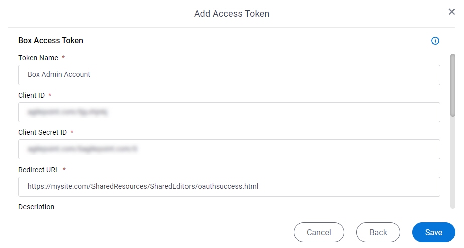 Box Access Token Configuration screen