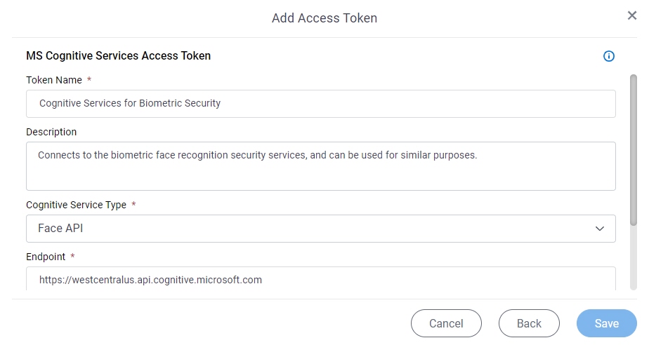 Microsoft Cognitive Services Access Token Configuration screen